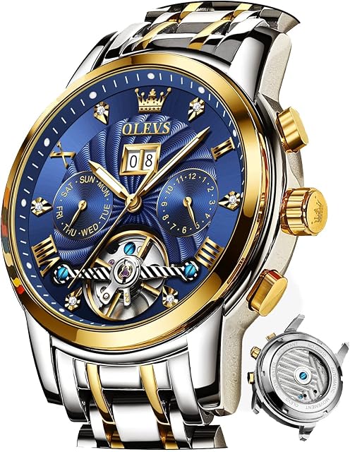 OLEVS Men Automatic Watch Skeleton 5 Hands Mechanical Classic Luxury Multi Calendar Stainless Steel Waterproof Wrist Watch for Men