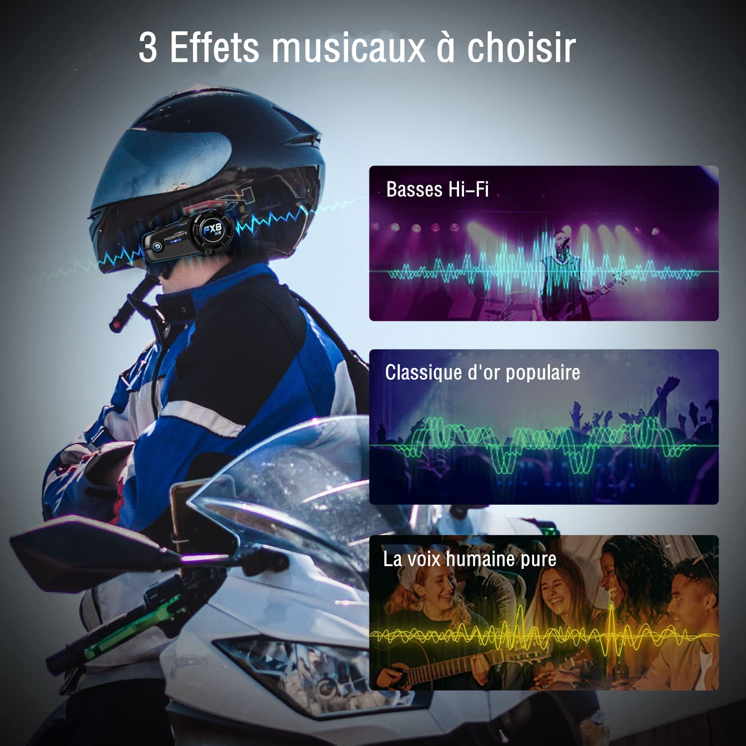 Fodsports FX8 Air Intercom Moto Duo pour 2 Casques, Kit Main Libre Moto, 1000M Systèmes de Communication Bluetooth pour Motocyclette avec 3 Effets Sonores, HiFi, Appairage Universel, 900mAh(1 Unité)