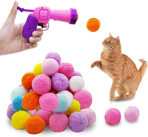 Miniatura 9 de Andiker Juego de bolas de juguete para gatos, 30 bolas de peluche con pompones de gato y 1 lanzador de juguete de plástico para atrapar gatitos,