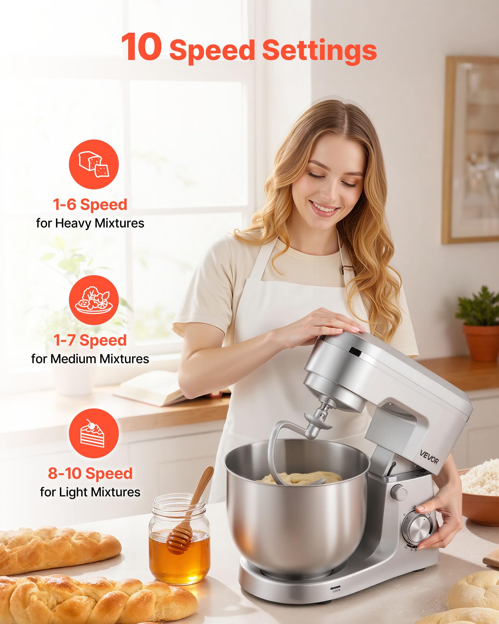 VEVOR Robot Pâtissier 5,7 L, Batteur sur Socle 1500 W, Mixeur à Pâte 10 Vitesses, Tête Inclinable, Bol en Inox, avec Crochet Pétrisseur, Fouet et Batteur, pour Mélange, Fouettage et Pétrissage