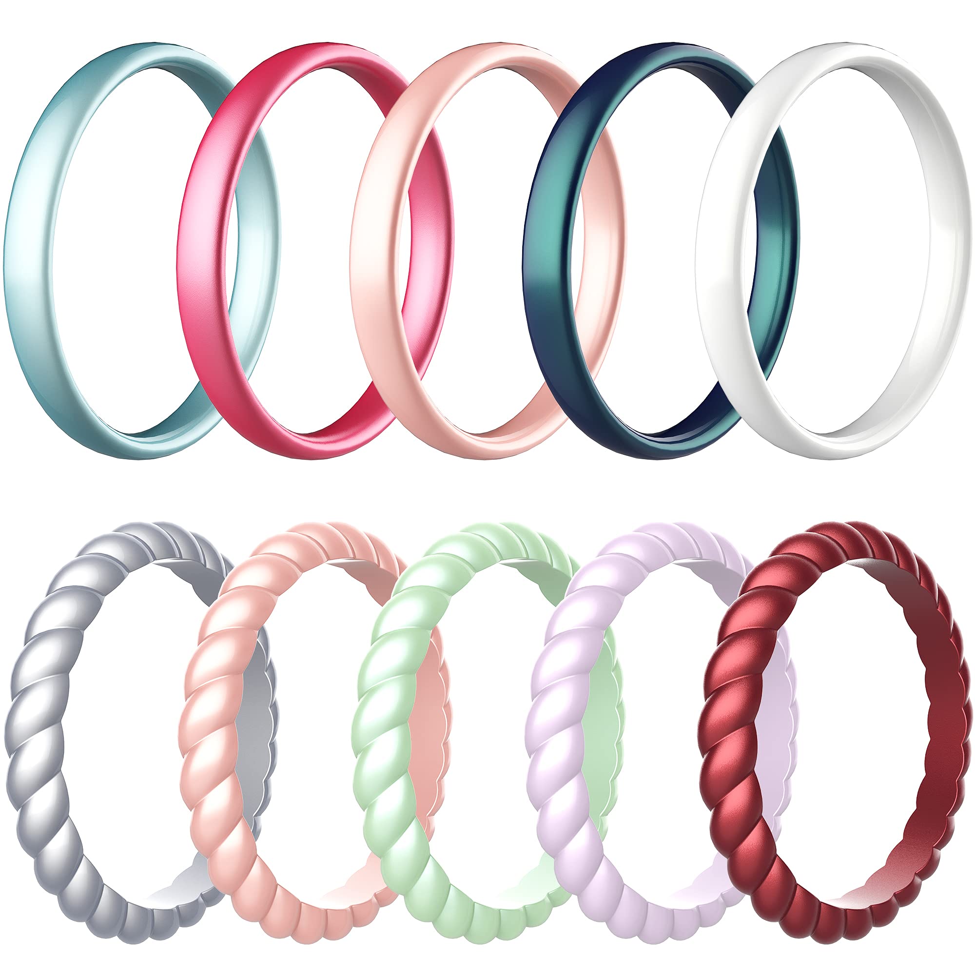 ZollenSilicone Wedding Rings for Women, 3mm Metallic Color Thin Braided Rubber Wedding Bands Stackable Ring, Hypoallergenic Silicone