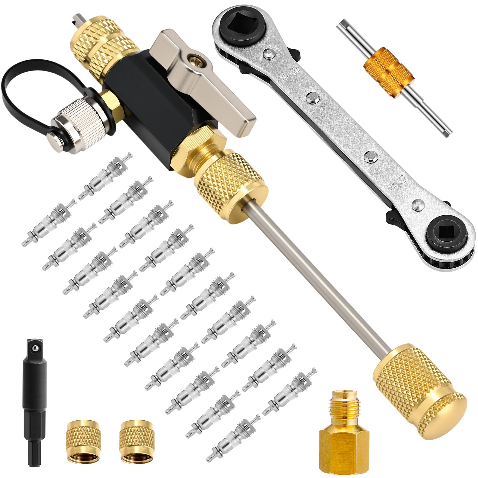 Tujoe Vacuum-Rated Valve Core Remover Installer Tool with Refrigeration Repair Wrench Set Dual Size 3/8'' 1/4'' 5/16'' 3/16'' Port Service Ratchet