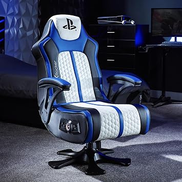 X ROCKER Playstation Legend 2.1 Gaming Chair with Speaker, Wireless Bluetooth Audio Console Gaming Chair, Voice Activated Vibration, Official Playstation for PS5 PS4 PC Mobile - WHITE BLUE BLACK
