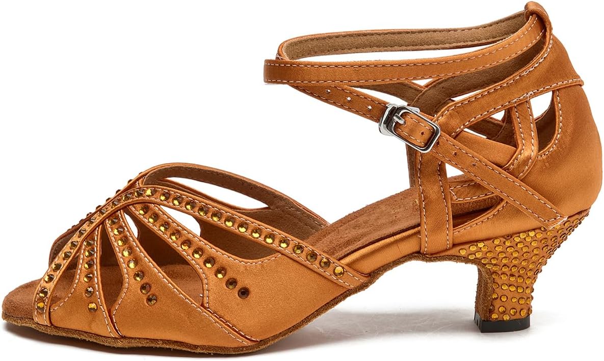 Women’s Ballroom Latin Salsa Dance Shoes, 2-Inch Low Heel, Comfortable with Rhinestones, Suede Sole, Lightweight, for Beginners, Practice, Social & Party