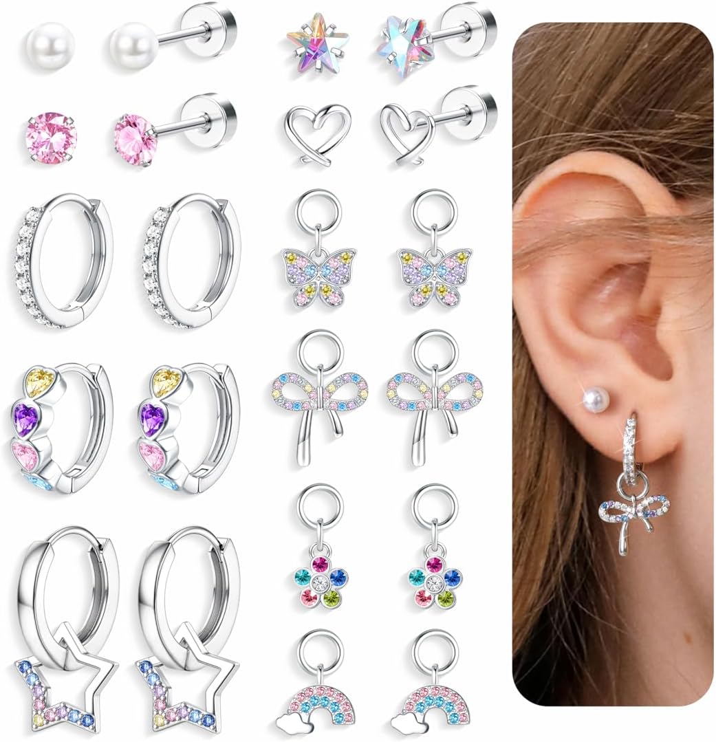 FIBO STEEL Silver Hypoallergenic Earrings for Girls Women - Surgical Steel Flat Back Small Stud Hoop Earring with Colorful CZ Charms Dainty Cute Toddler Earrings Set for Sensitive Ears Little Girl Jewelry for Kids Age:Over 3 Years Old