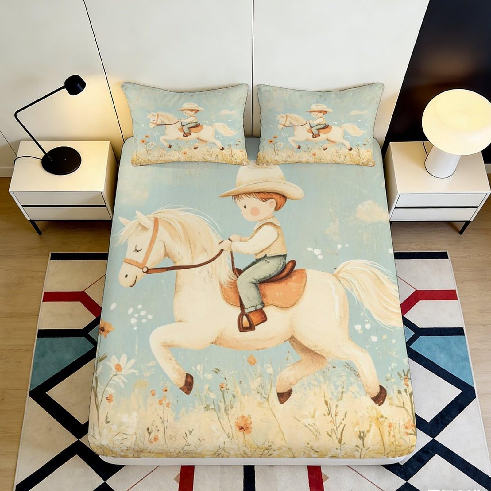 3D Printed Horse Rider Fitted Sheet Microfiber Deep Pocket Non-Slip Bedroom Bedding Horse Rider Mattress Fitted Cover for Adults Teens 140x200x25cm