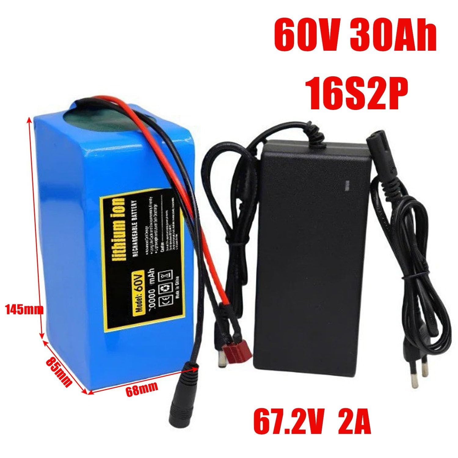 Batería For Bicicleta Eléctrica 16S2P 60V 30Ah De PVC Impermeable For Scooter Eléctrico For 36V Con Cargador For Motores 1000W Enchufe En T(XT60 plug)