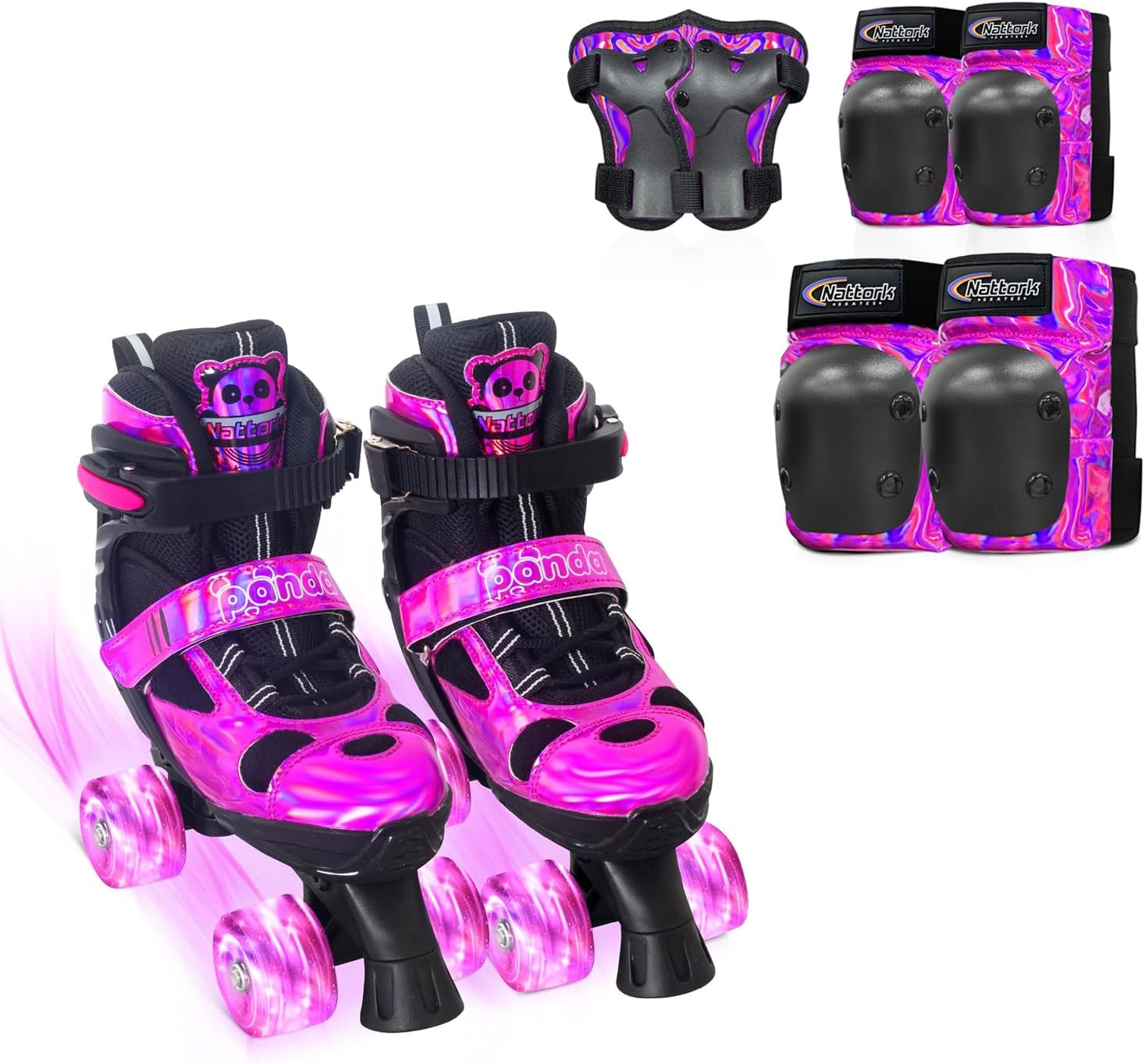 Nattork Kids Roller Skates for Girls Boys，Knee and Elbow Pads with Wrist Guards 6 in 1 Protective Gear Set