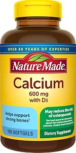 Nature Made Calcium 600 mg with Vitamin D3 for Bone Support, 100 Softgels