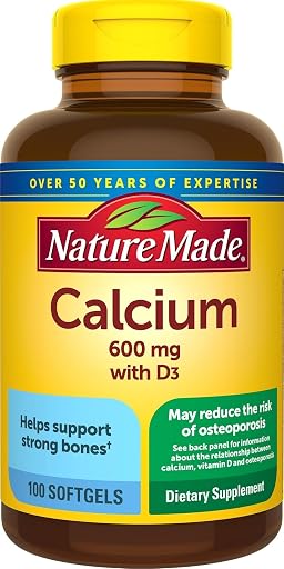 Nature Made Calcium 600 mg with Vitamin D3 for Bone Support, 100 Softgels | Calcium Supplement for Bone Health, Dietary Supplement with Calcium and Vitamin D