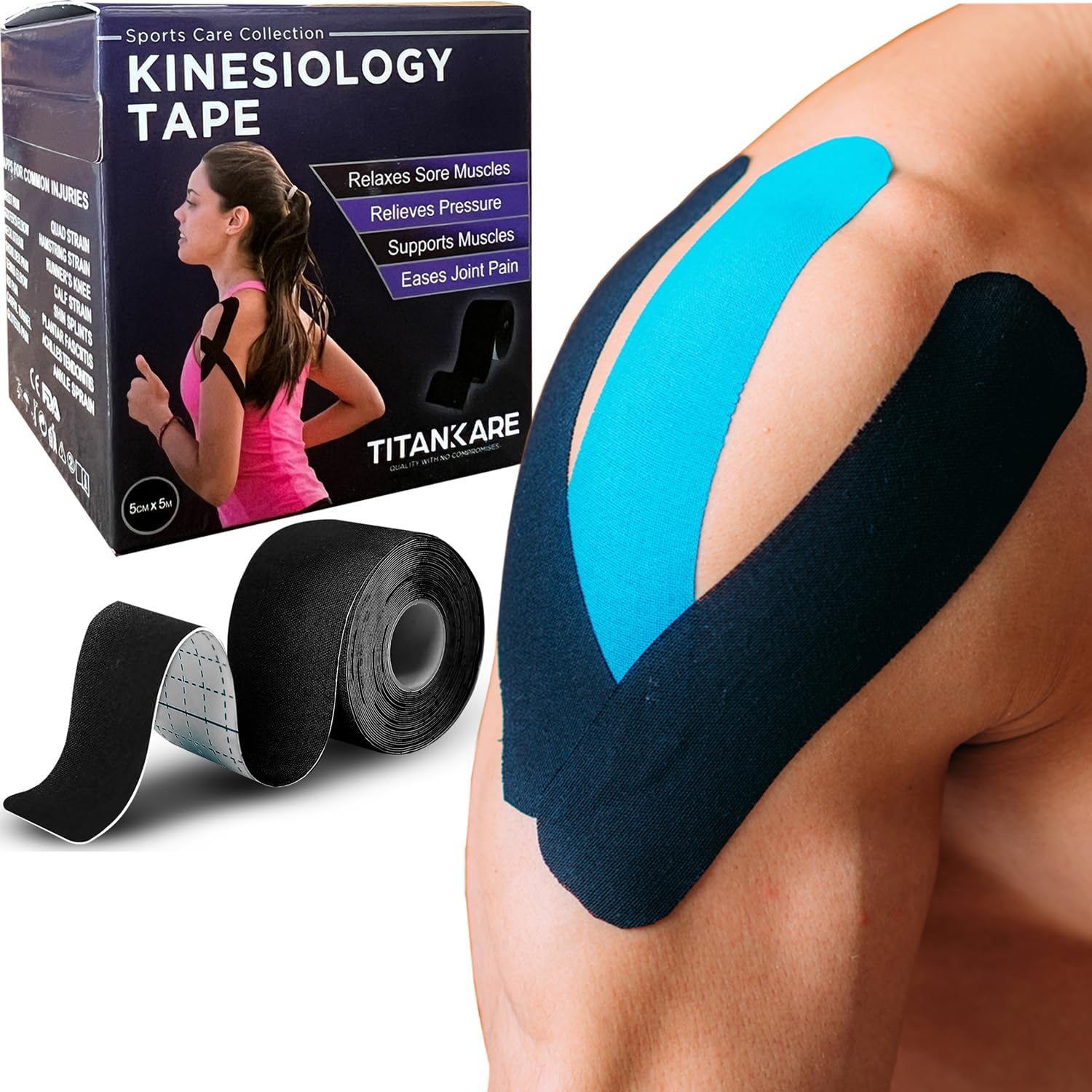 Pro Athletic Sports Kinesiology Tape - Waterproof Breathable Body Elastic Sports Tape for Shoulder, Knee Pain Relief, Ankle Running Tennis Physio Tape Support for Muscle, 2 inches x 16.4 ft Roll
