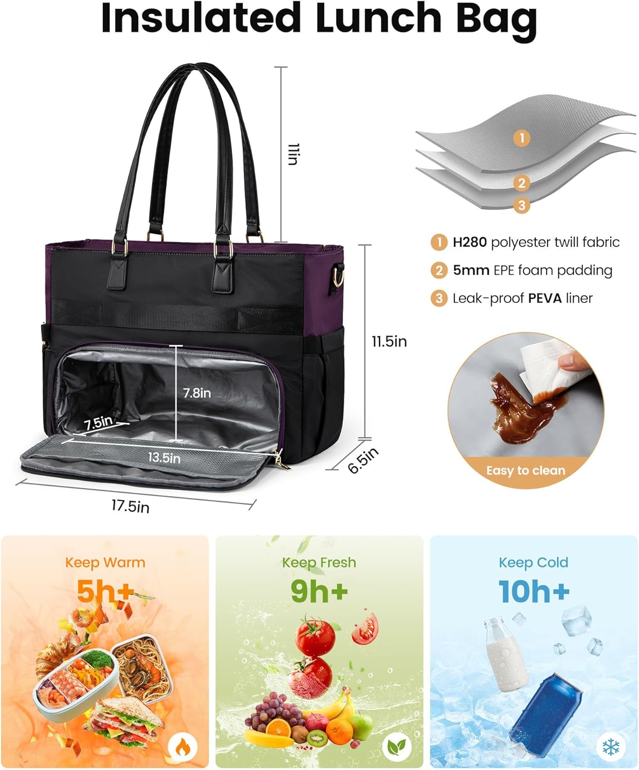 LOVEVOOK Lunch Tote Bag, Large Capacity Insulated Lunch Tote with Compartment, Computer Bag with Purse for Work, Nurse, Business, Black-Purple 15.6 Inch - Image 3