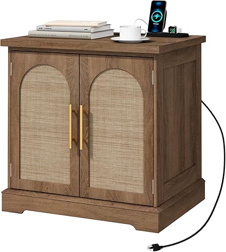 Miniatura 9 de Mesa auxiliar de ratán con estación de carga, mesa auxiliar grande de sofá de 24 pulgadas con 2 puertas arqueadas, mesitas de noche cuadradas de