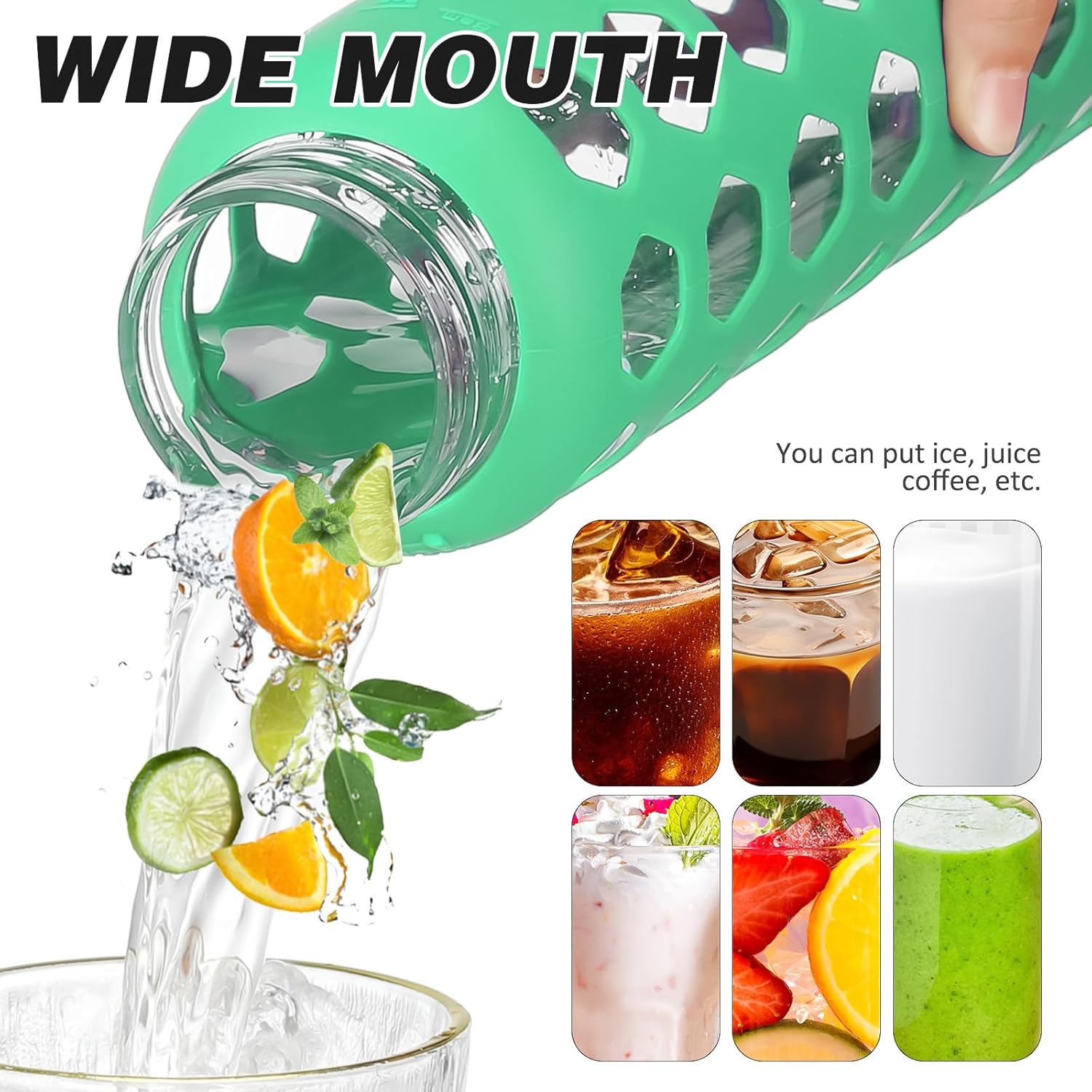 MUKOKO Glass Water Bottles, 24oz Glass Tumbler with Straw, Drinking Bottles with 2 Lids-Handle Spout Lid&Bamboo Straw Lid, Motivational Water Bottle with Time Marker and Silicone Sleeve, 1 Pack-Green - Image 5