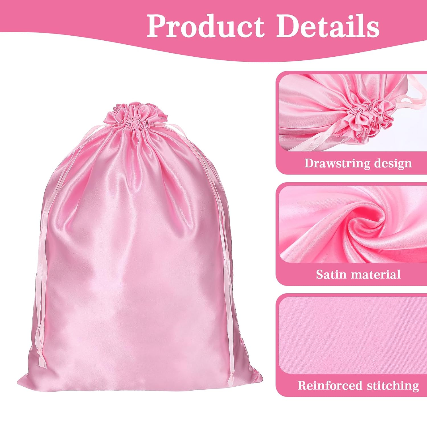 6Pcs Satin Wig Storage Bags with Drawstring, Pink Hair Storage Bags