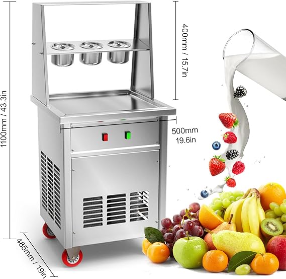 Fried Ice Cream Roll Machine,13.8x13.8in round/square Stir-Fried Ice Cream Pans,Stainless Steel Commercial Rolled Ice Cream Maker with Compressor&2 Scrapers,for Ice Cream/freeze Yogurt,square