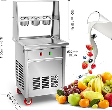 Fried Ice Cream Roll Machine,13.8x13.8in round/square Stir-Fried Ice Cream Pans,Stainless Steel Commercial Rolled Ice Cream Maker with Compressor&2 Scrapers,for Ice Cream/freeze Yogurt,square