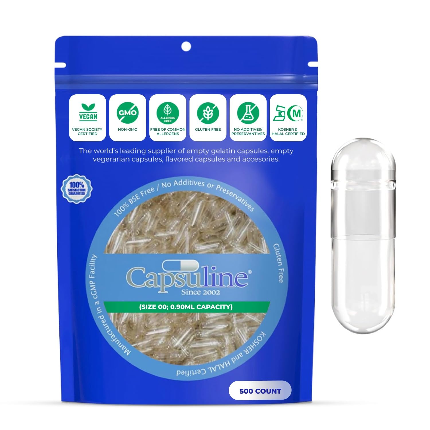 Capsuline Clear Size 00 Vegan Capsules (500 Count), Empty with Unique Lock Technology, Non-GMO, Kosher Certified, Gluten-Free