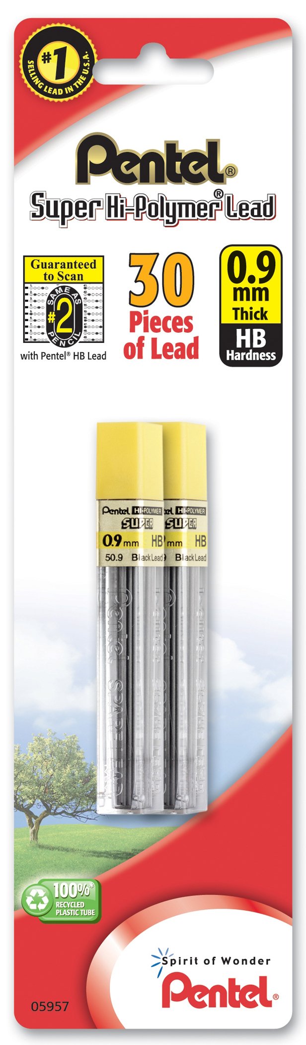 Pentel Super Hi-Polymer Lead Refill , 0.9 mm, HB, 30 Pieces of Lead (L509BP2HB-K6),Gray