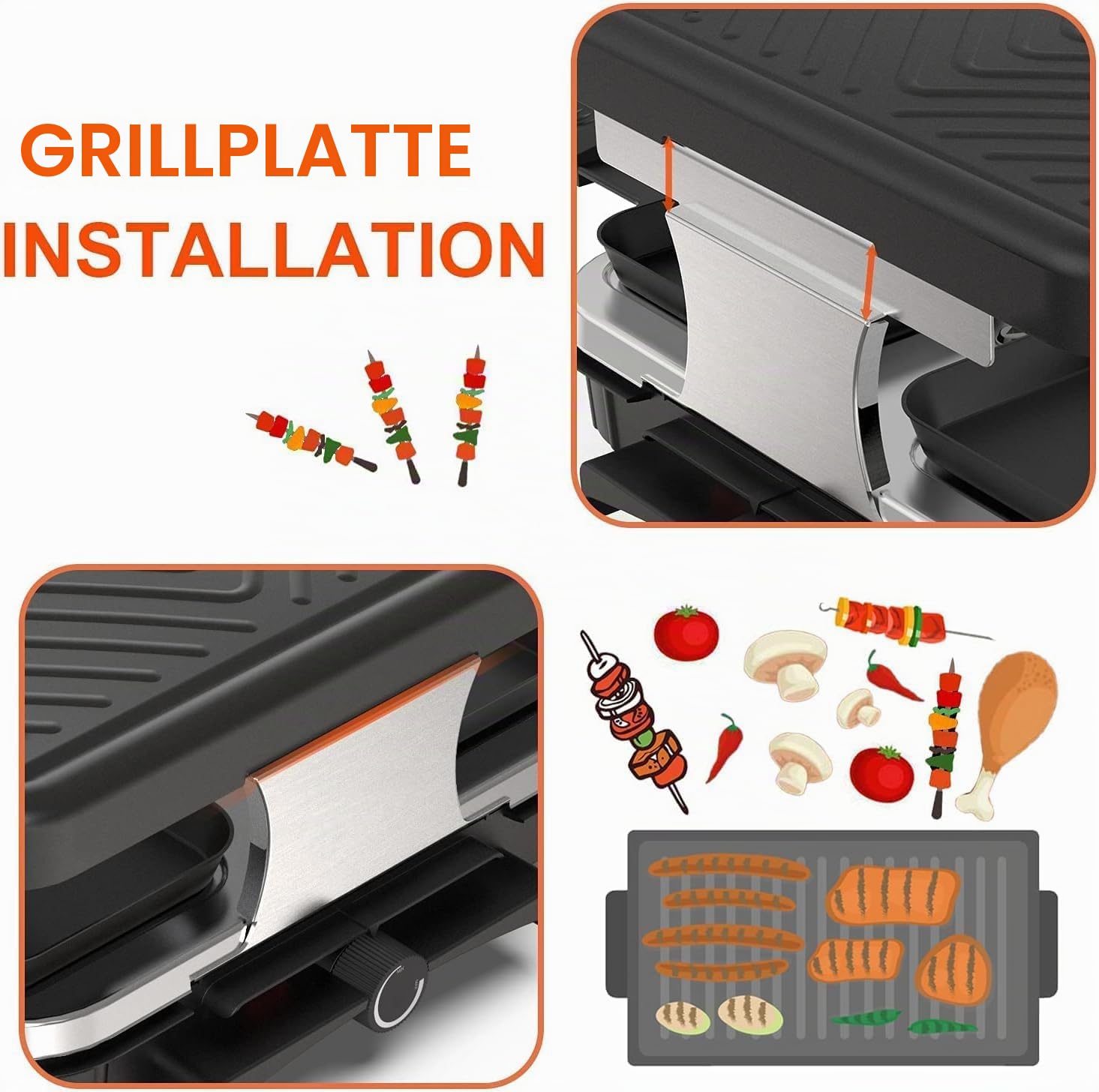 Raclette 8 Personen, Raclette Grill mit 8 Pfännchen, 1300 W | Stufenlos regelbare Temperatur, antihaftbeschichtete Grillplatte und 8 Pfännchen, Kontrollleuchte, für Tischgrillen