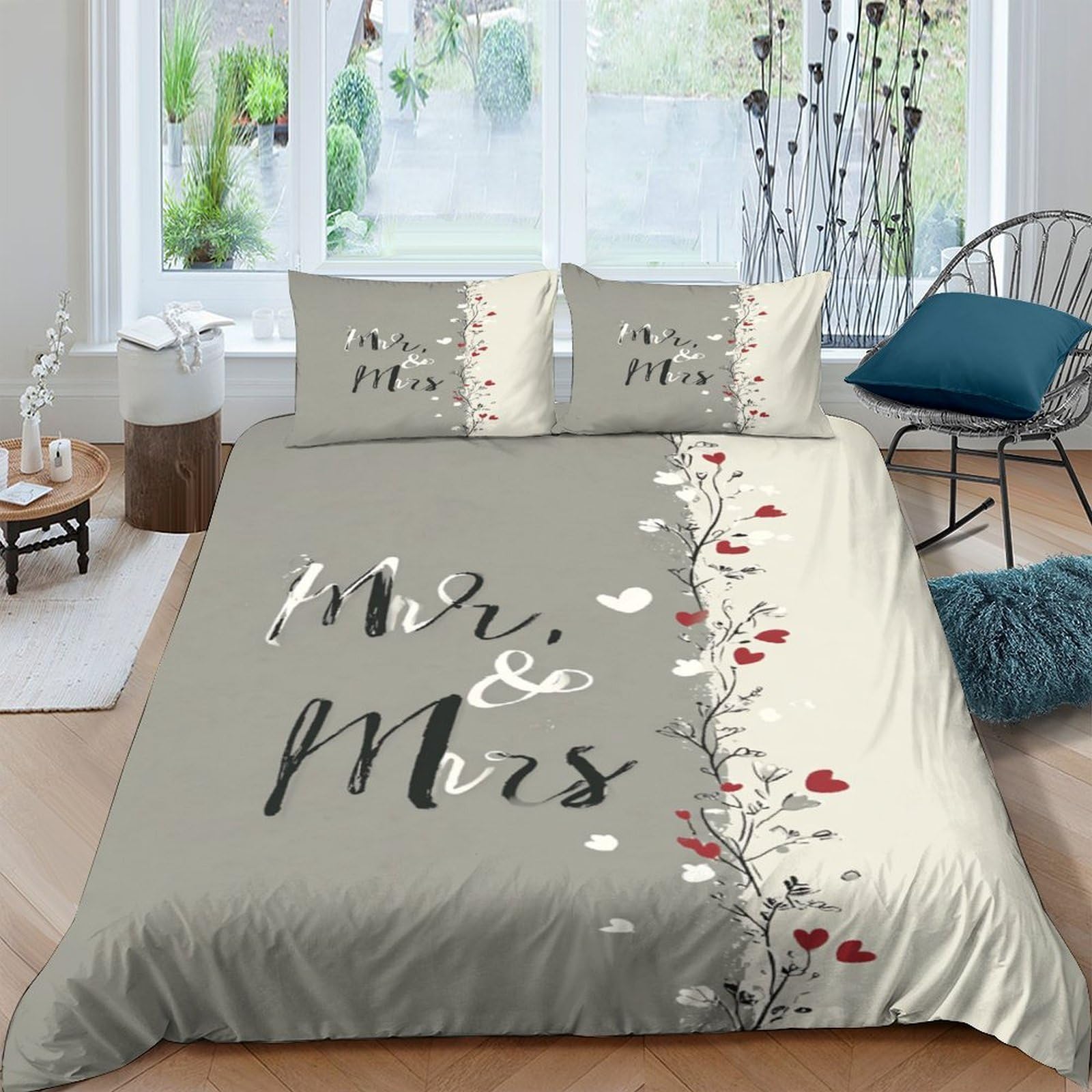 GPLZQXKJNH 3D Printed Mr and Mrs Duvet Cover Set Microfiber Soft Grey Wedding Heart Quilt Cover with 2 Pillowcases for Bedroom Decor Single（135x200cm）