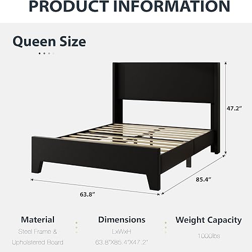 Miniatura 2 de Base de cama Queen con cabecera tapizada de piel sintética, resistente al desgaste, fácil de limpiar, base de colchón, no requiere somier, fácil