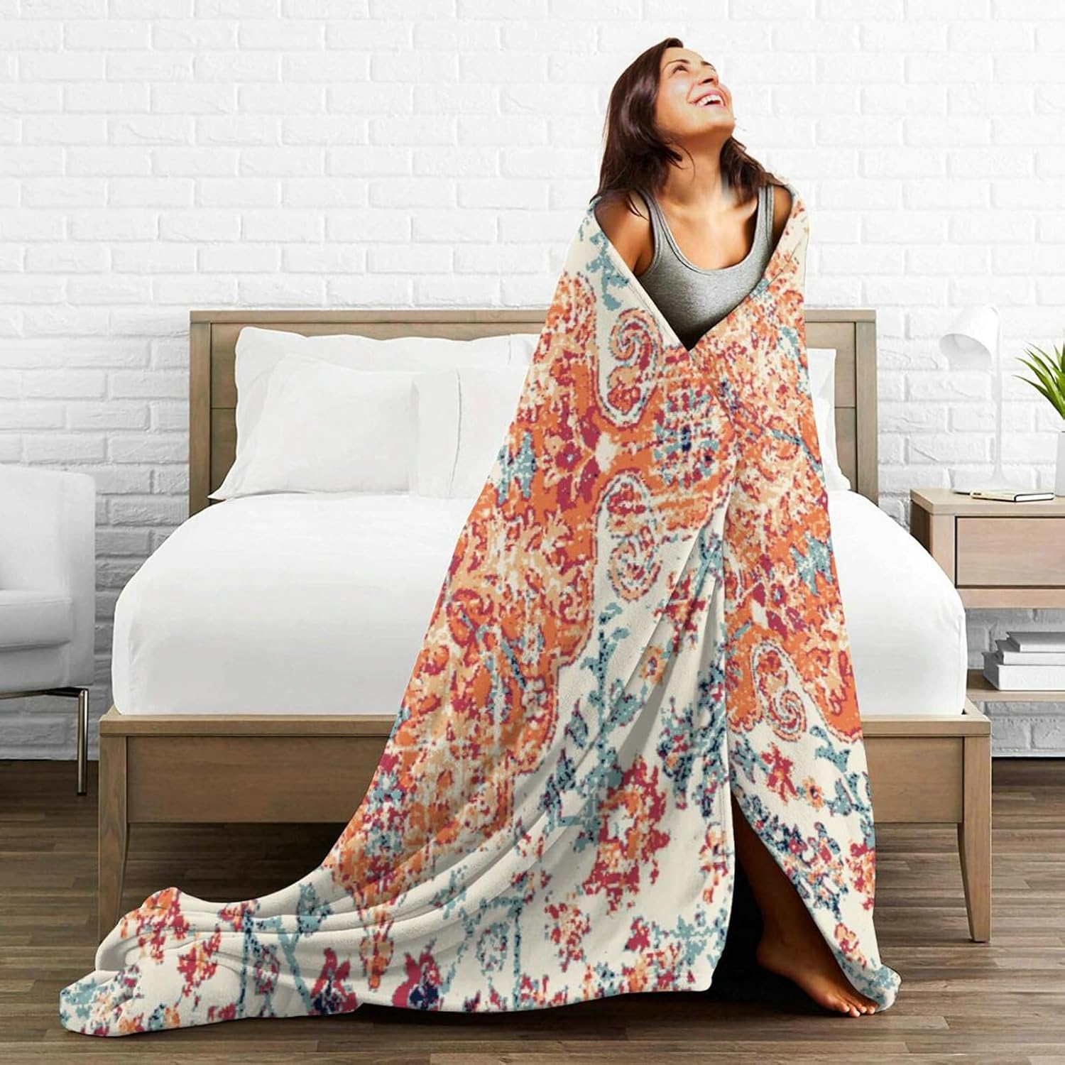 HGOD DESIGNS Carpet Pattern Throw Blanket Boho Style Ethnic Design Orange Blue Soft Blankets and Throws 40x50 Inch Caring for Women Men (100x130cm) - Image 5