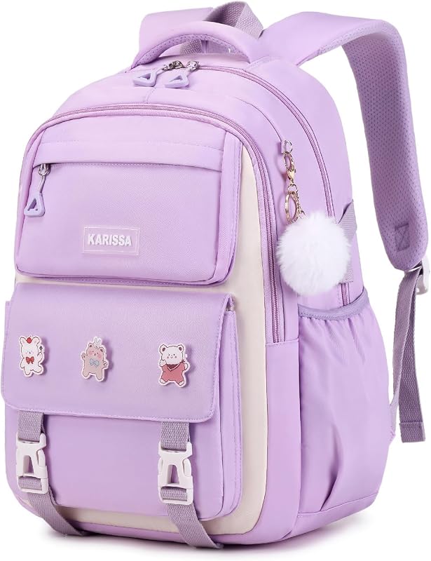PIG PIG GIRL Mochila para Niñas, Mochila para Niñas con Bolsillo Trasero Antirrobo, Mochila Escolar Liviana Resistente al Agua para Escuela Primaria, Púrpura