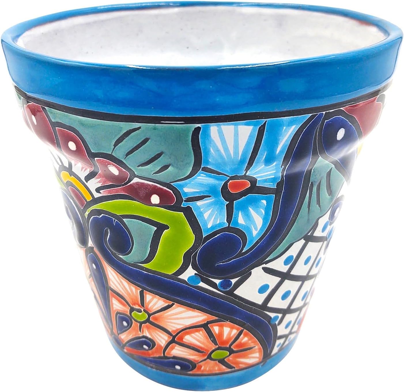 Cactus Canyon Ceramics MACETA RANCHERA #20 Mexican Talavera Planter Pot (7.75" W x 7.75" L x 8" H) Hand Painted - RED Trim - Mexican Decor Planter