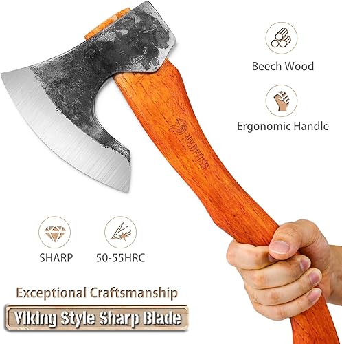 Miniatura 9 de NEDFOSS Mammoth - Hacha de hacha de camping de 16 pulgadas con acero de alto carbono 1065 y mango de madera, hacha multiusos para camping, bushcraft