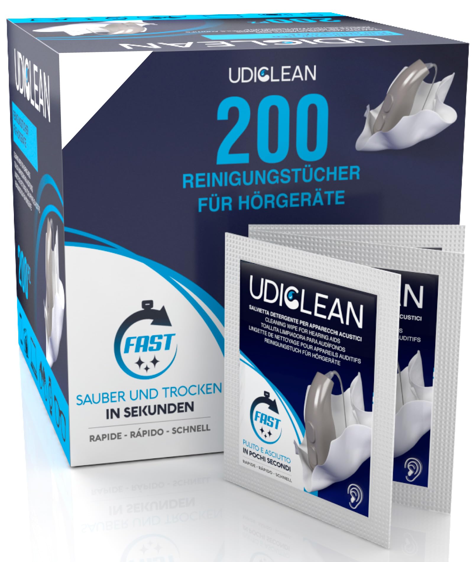 200 Reinigungstücher für Hörgeräte - Udiclean Feuchttücher Gegen Schmutz Schweiß und Fett - Effektive Reinigung und Schnelle Trocknung - Einzeln Verpackt