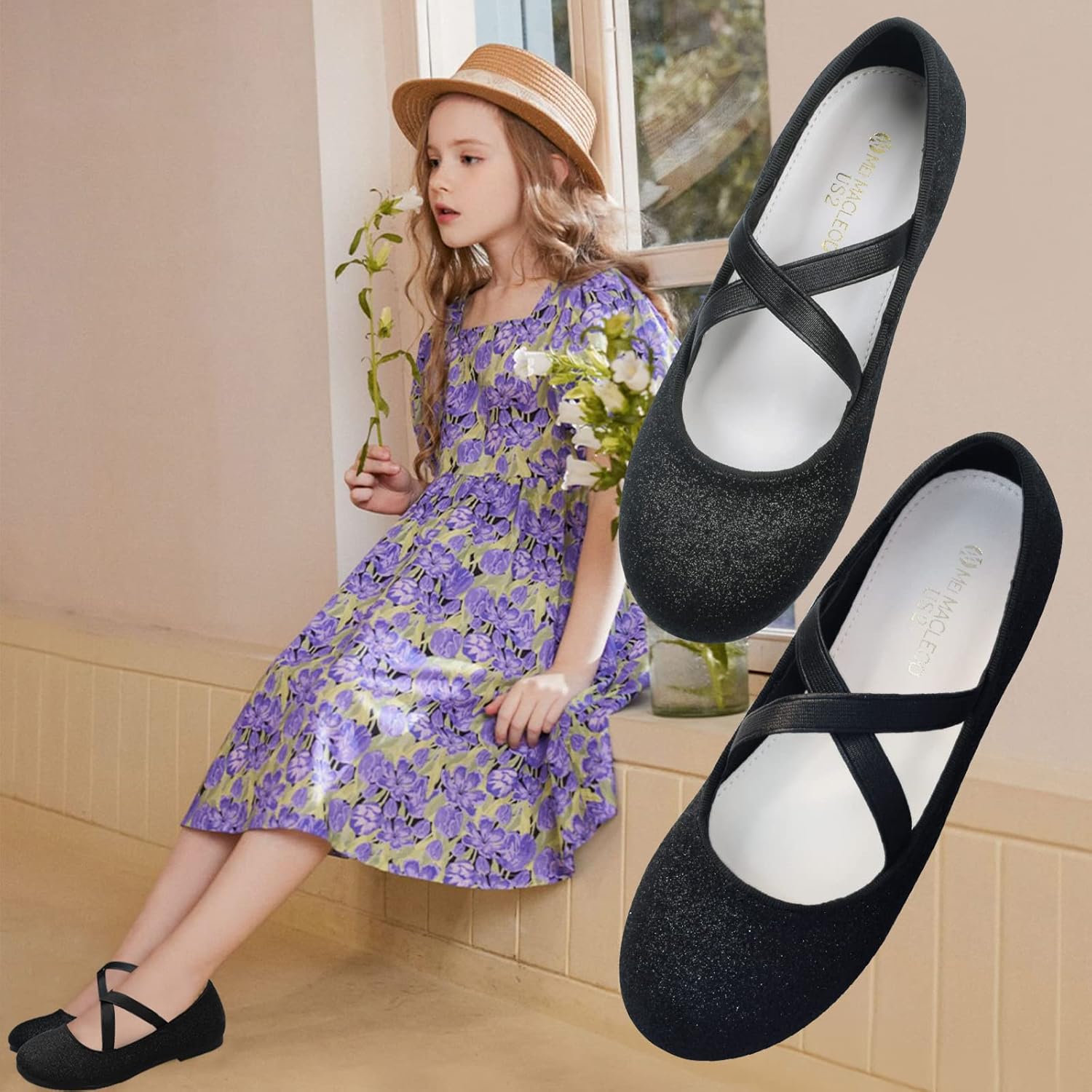 Girls Dress Shoes Princess Ballet Flats Low Heel Mary Jane Glitter Shoes with Elastic Strap for Toddler Little Big Kids - Image 2