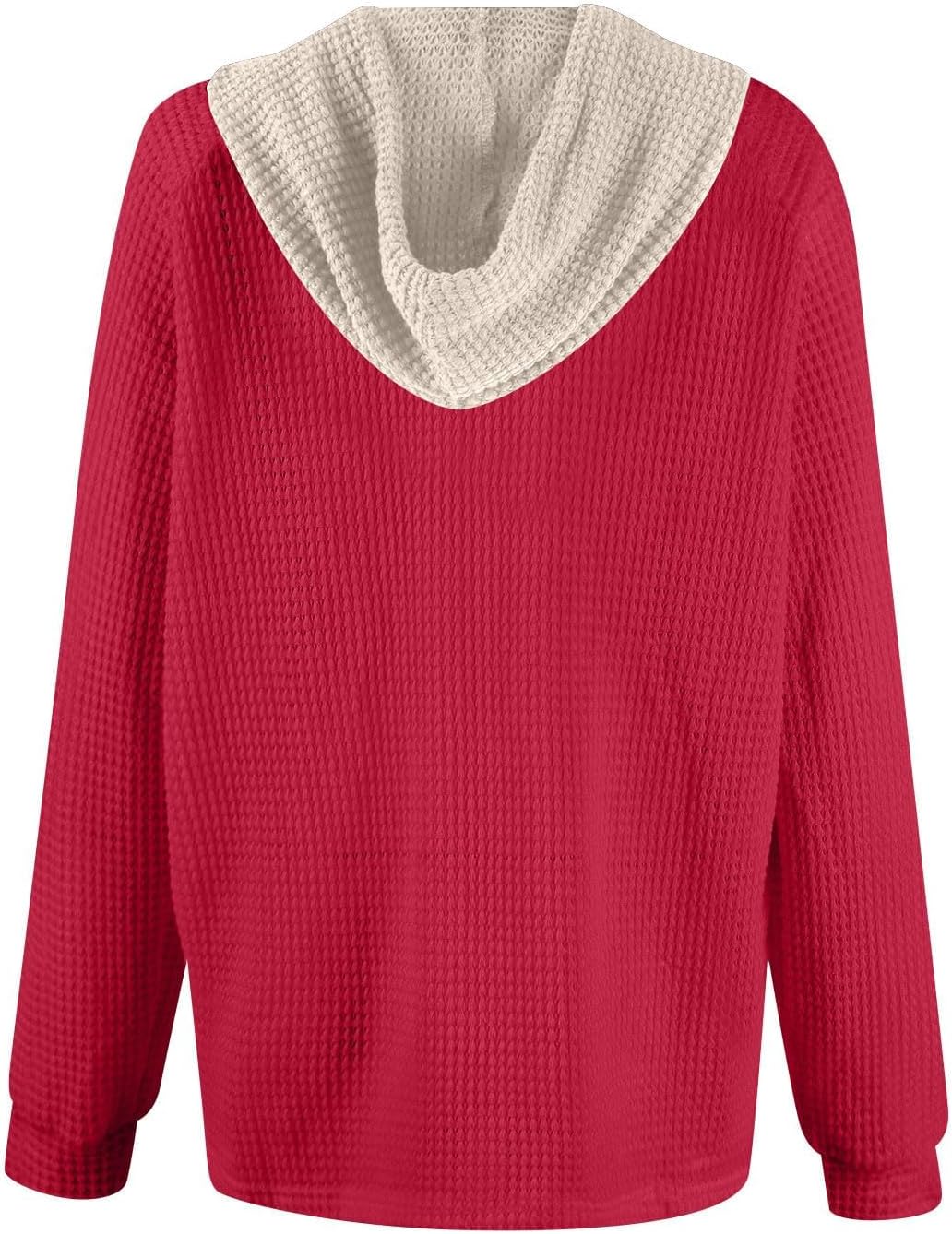 Oversized Sweatshirt For Women Waffle Button Hoodie Fall V Neck Hoodies Knit Long Sleeve Drawstring Casual Pullover