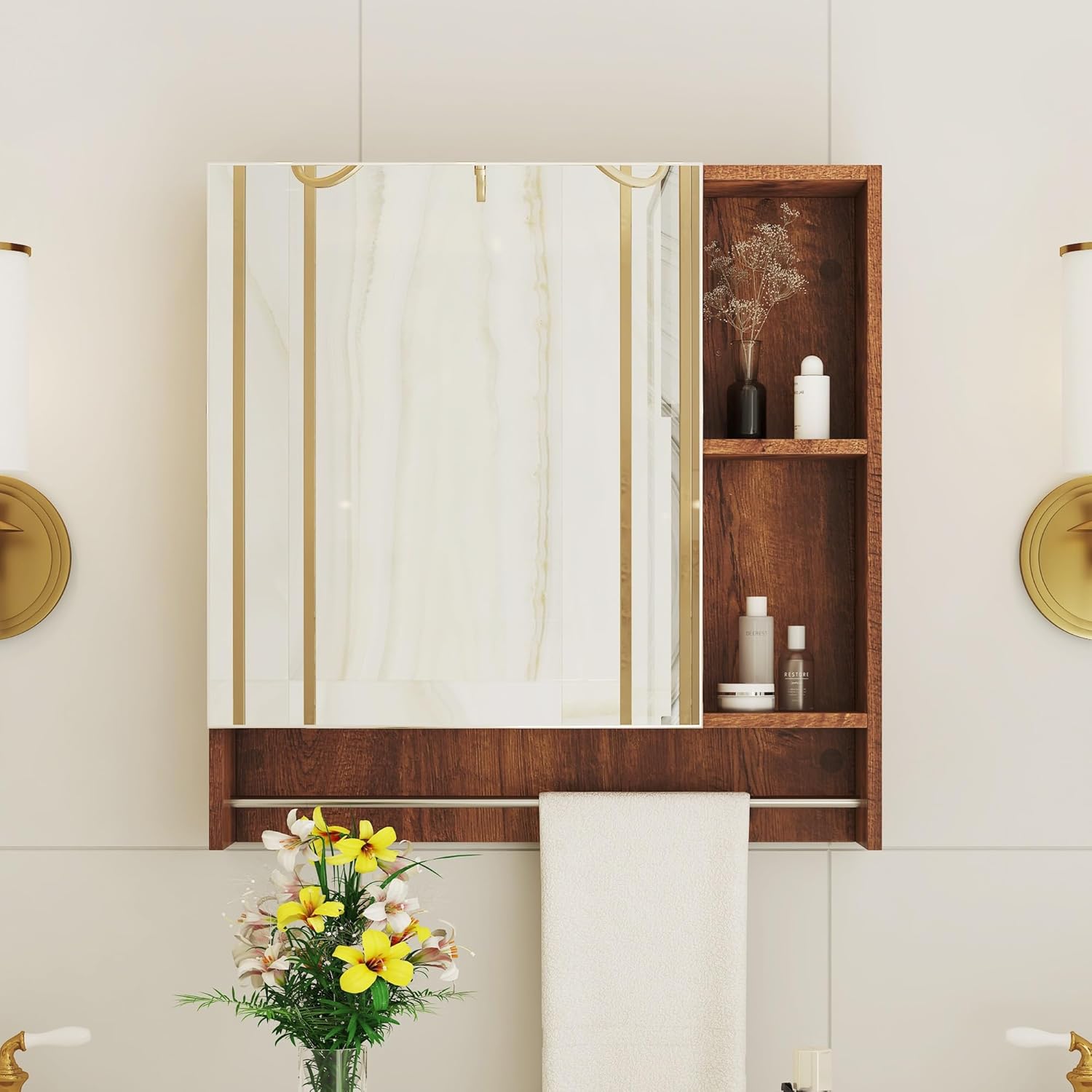 Bathroom Mirror Cabinet Wall Mounted with Shelves, Towel Rack, and Hidden Storage
