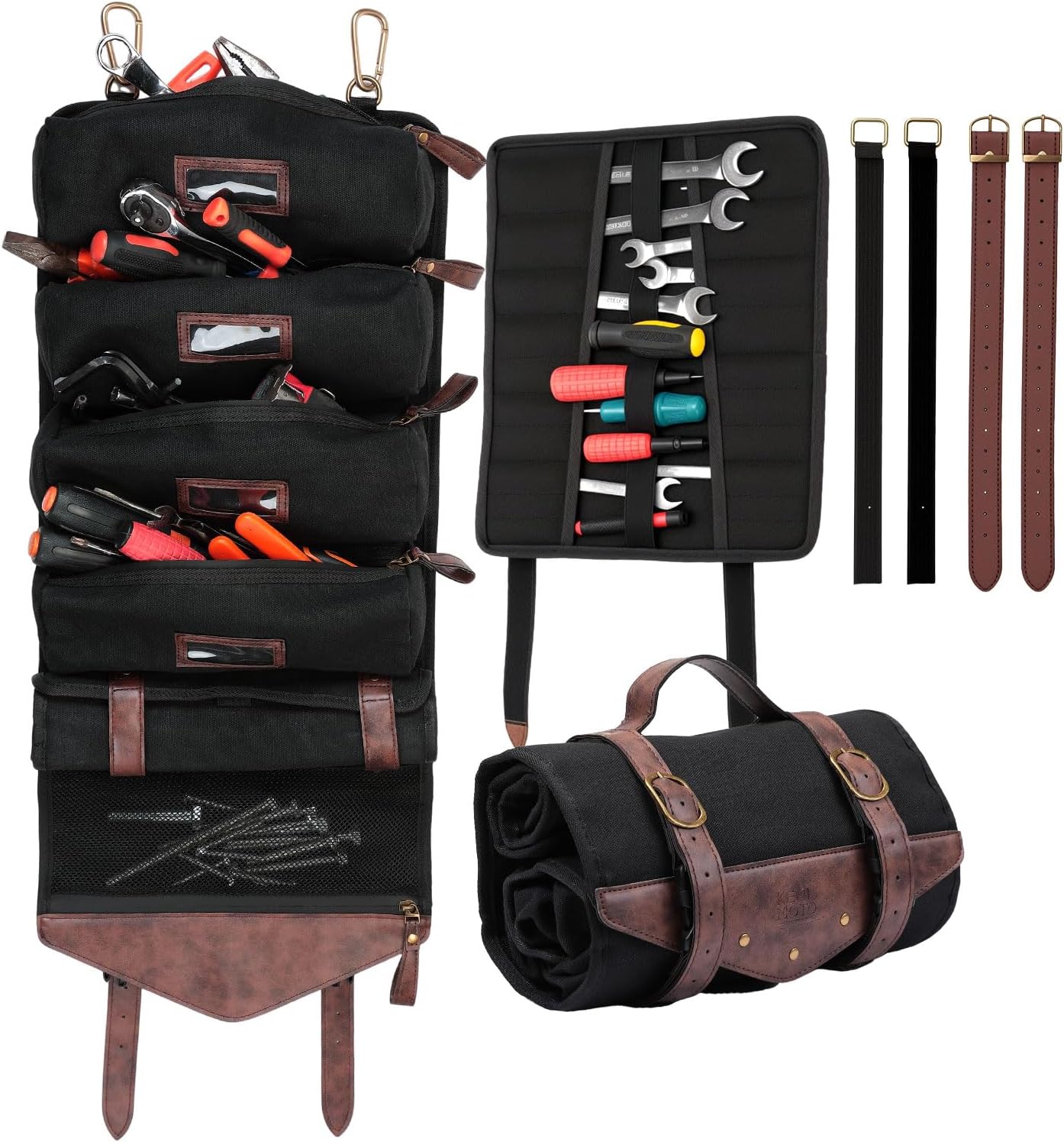 KEMIMOTO Roll Up Tool Bag Vintage Oil Waxed Canvas Tool Bag Organizer Motorcycle UTV ATV Portable Detachable Pouches Wrench Organizer Compatible with Softail Dyna Cruiser Sportster Touring