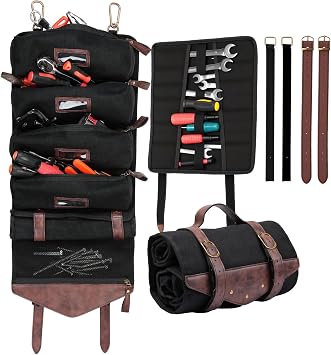 KEMIMOTO Roll Up Tool Bag Vintage Oil Waxed Canvas Tool Bag Organizer Motorcycle UTV ATV Portable Detachable Pouches Wrench Organizer Compatible with Softail Dyna Cruiser Sportster Touring