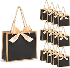 12 Pack Small Gift Bags with Ribbon Bow, 14 x 6 x 12 cm, Mini Favour Bags with Handles for Birthdays, Wedding Party, Bridal Shower, Baby Shower (Black)