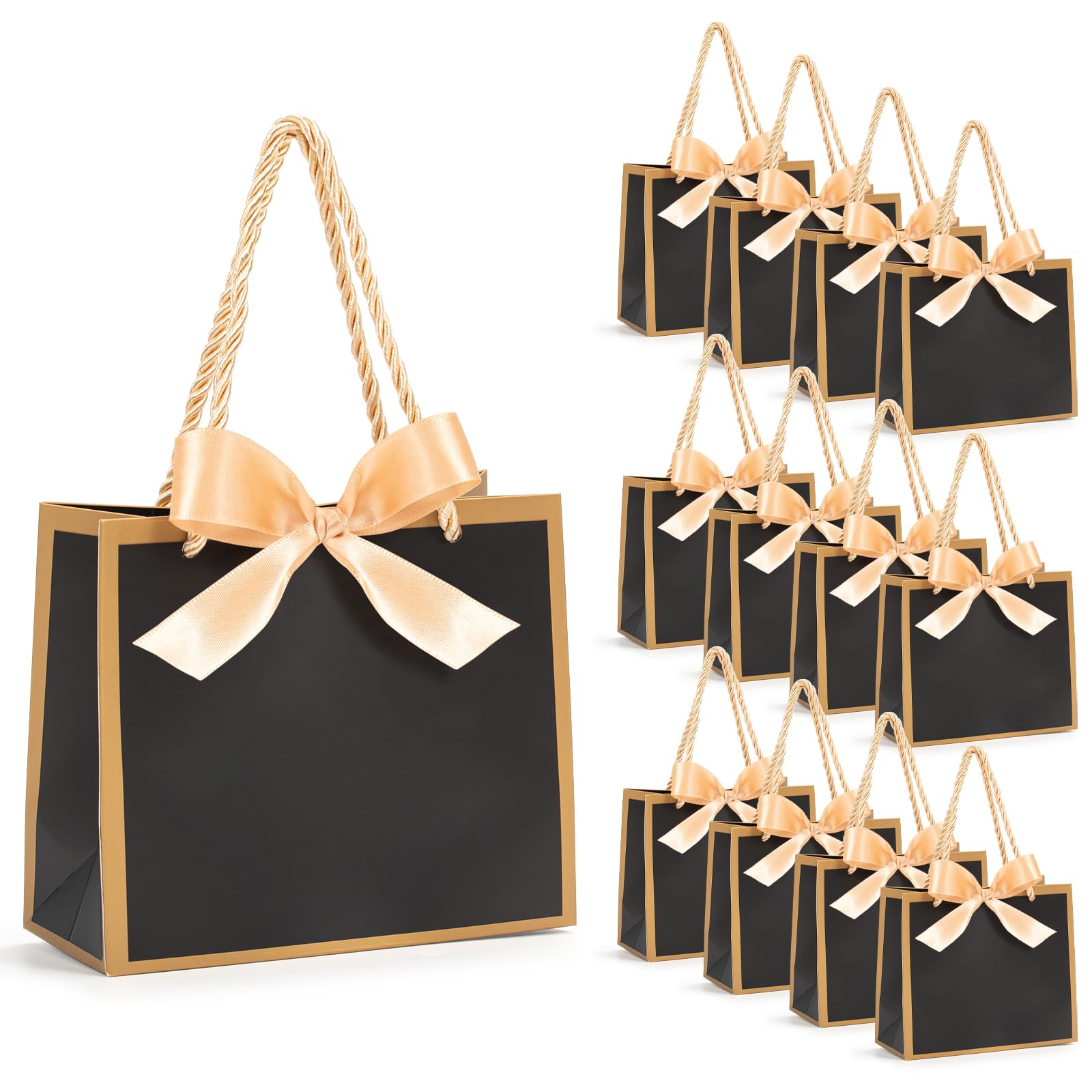 12 Pack Small Gift Bags with Bow Ribbons, 14x6x12 cm/5.51× 2.36× 4.72 inches White Mini Party Favour Bags with Handles for Birthdays, Wedding Party, Bridal Shower, Baby Shower (Black)