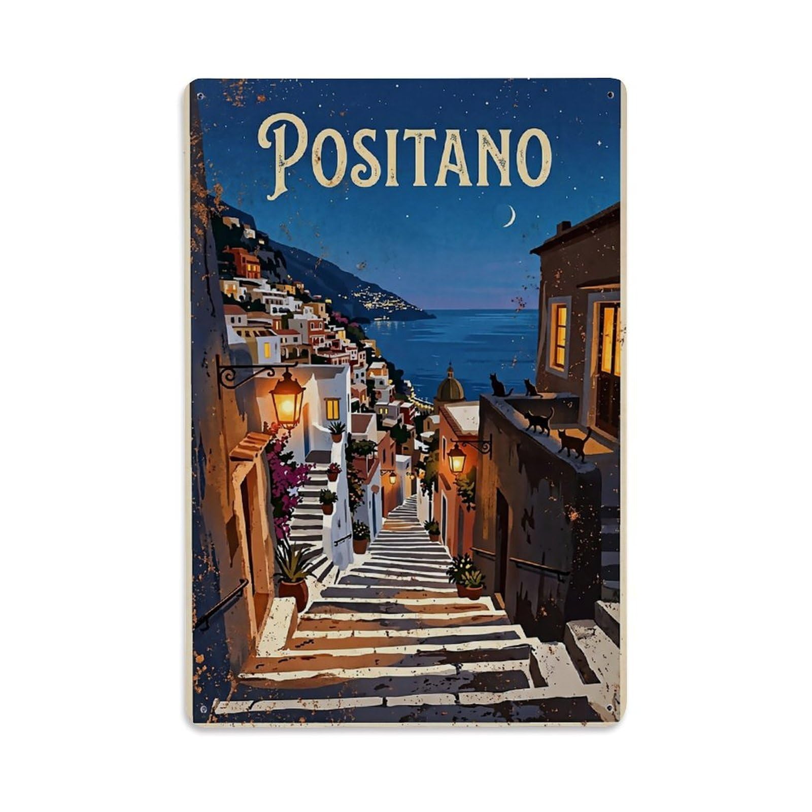 Huiyhb 8X12inch(20X30cm) Vintage Travel Positano Italy Lantern Steps Twilight Metal Tin Sign