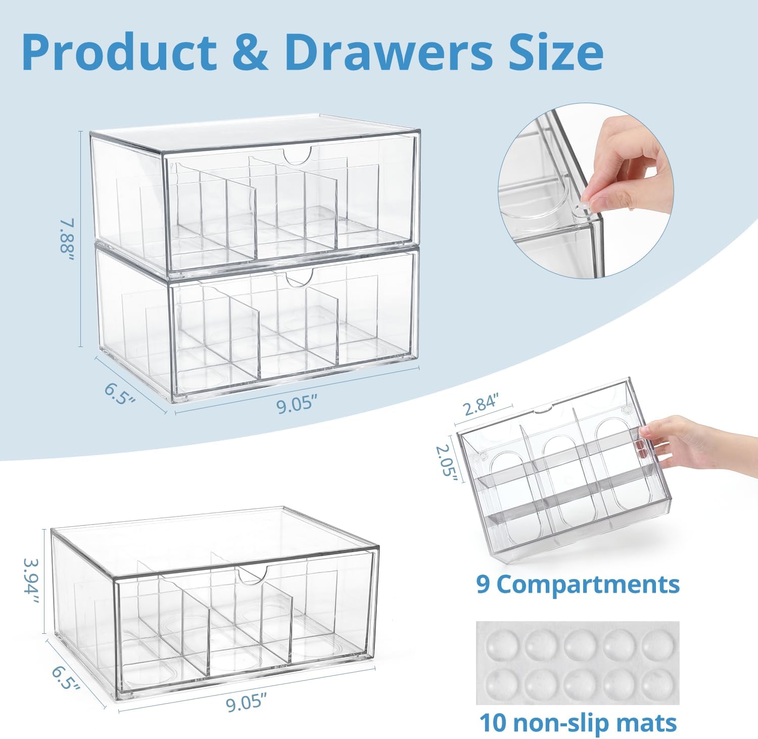 CLUQMEIK 2 Large Acrylic Tea Bag Organizer, 9 Grids Tea Organizers and Storage with Acrylic Drawers Stackable, Teabag Holder Organizer for Counter Countertop Kitchen Cabinet