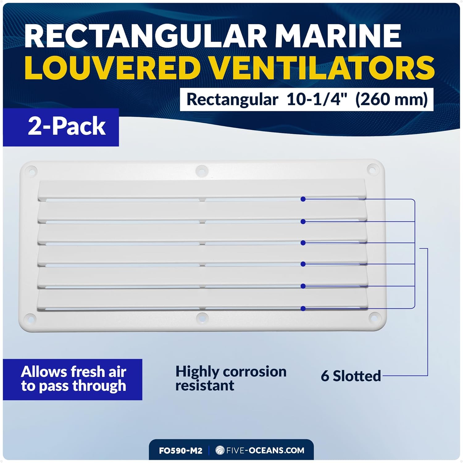 Five Oceans FO590-M2 Rectangular Boat Marine Louvered Ventilators, White Durable Injection-Molded ABS Plastic, 10-1/4 inches (260 mm), UV and corrosion resistant, 6 slots (Pair)