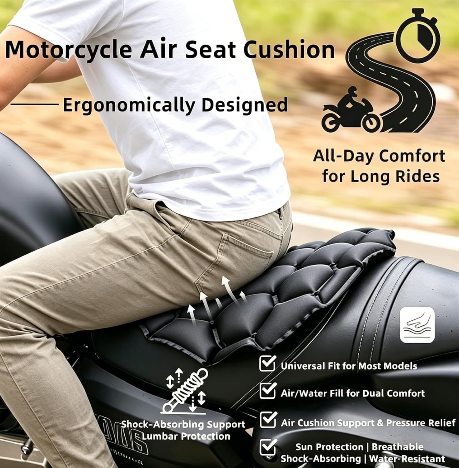 Inflatable Cooling Motorcycle Seat Cushion, Shock Absorbing Non-Slip Breathable Ergonomic Seat Pad for Long Ride Summer Rough Road Riding(black)