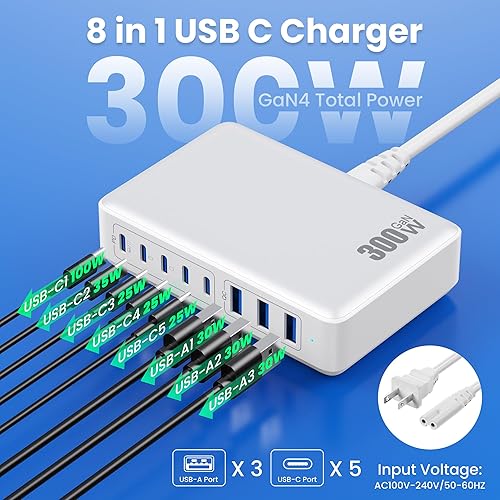 Miniatura 2 de Cargador USB C de 300 W, bloque de cargador USB C de 8 puertos GaN IV, estación de carga rápida, PD de 100 W, adaptador de carga de pared compatible