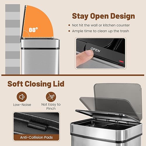 Miniatura 6 de Goplus Cubo de basura de acero inoxidable de 19 galones, volumen de 72 L en 4 recipientes, cubo de basura con sensor de movimiento con cubo