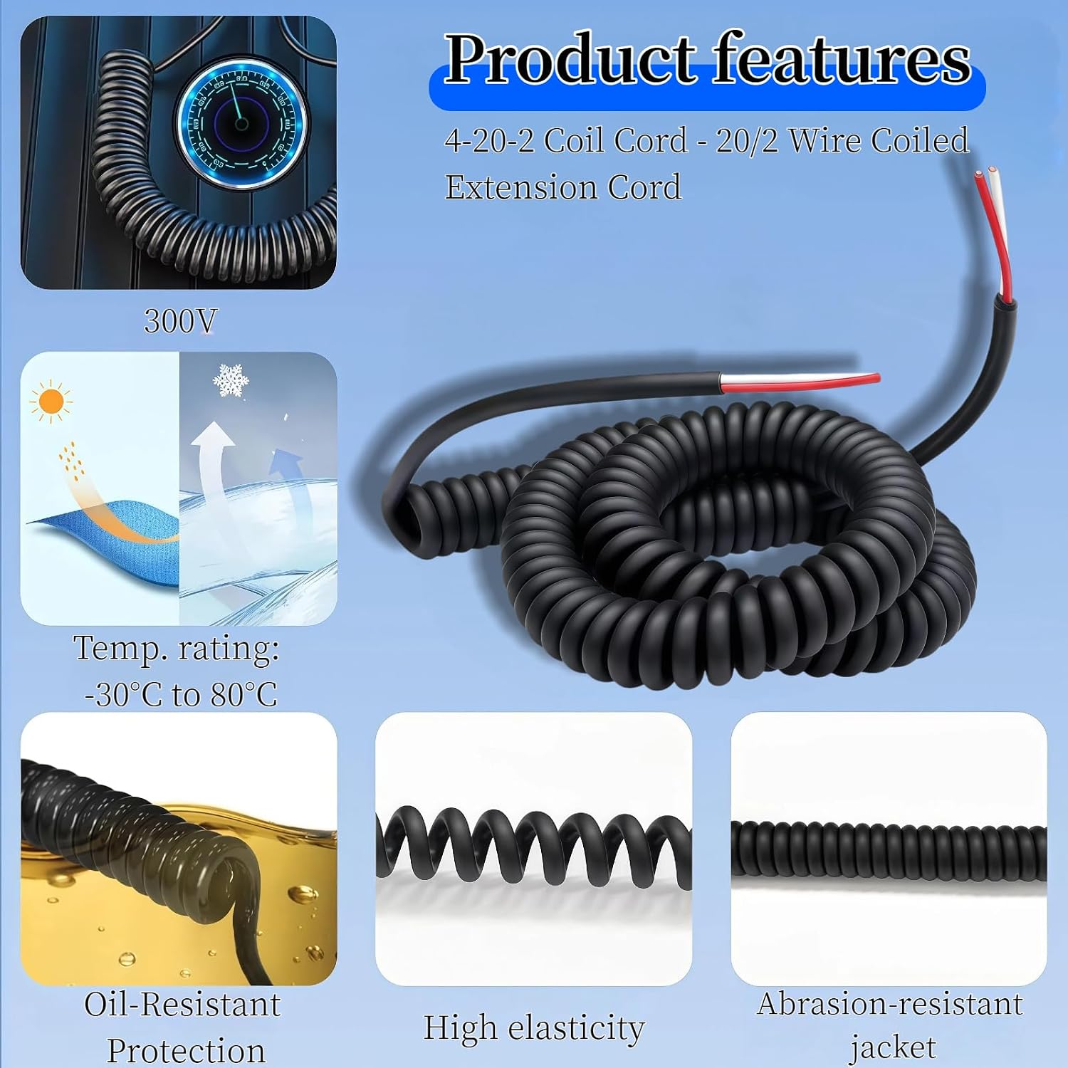 4-20-2 Coil Cord | 2 Conductor Wire, 18AWG/2, Retractable Spring Coiled Extension Cord 3 Foot Extension to 15 Foot for Industrial/Home Heavy Duty Use