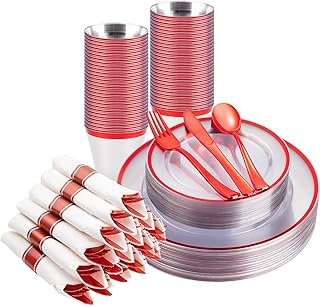 BESTSTAR 175PCS Clear and Red Disposable Plates Set for 25 Guests, 50 Plastic Plates, 25 Cups, 25 Pre-Rolled Napkins with Plastic Cutlery for Party, Birthday, Thanksgiving, Halloween, Christmas