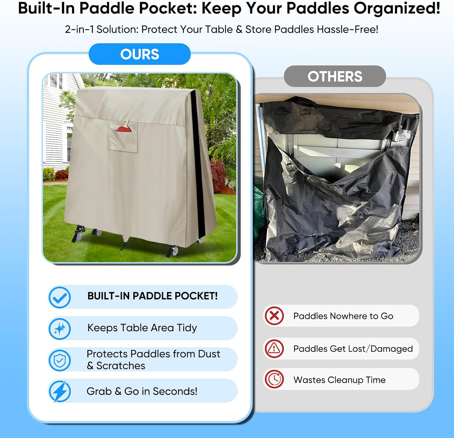 NEVERLAND Ping Pong Table Cover Outdoor Waterproof, Table Tennis Cover Indoor & Outdoor Fits Universal 9x5 FT Tables Folding & Flat Tables with Paddles Organize Bag, 600D Oxford Fabric, Beige