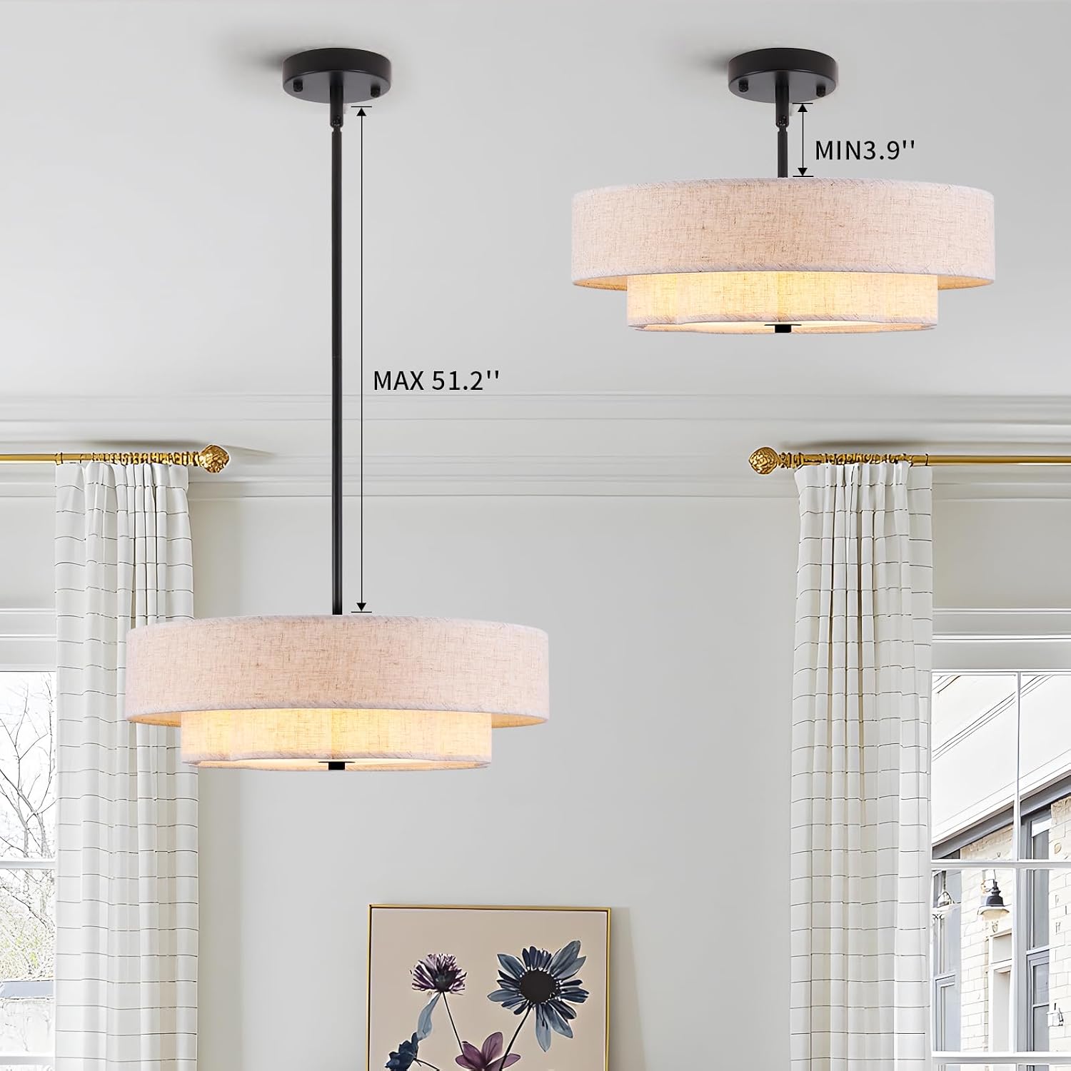 17.7" Modern Drum Chandeliers, 3-Light Pendant Light Fixture with E26 Bases, 2-Layer Round-Flower Fabric Shade Chandeliers for Dining Room, Bedroom, Living Room, Kitchen, Foyer