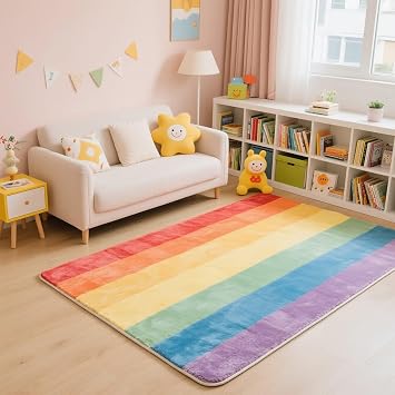 Modern Rainbow Ombre Bedside Rugs for Girls Room Decor Colored Striped Carpet Soft Cozy Kids Play Mat Washable Playroom Rug,28"x4