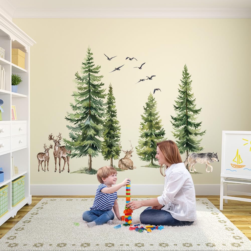 Green Pine Tree Wall Sticker Woodland Animals Wall Decal Peel and Stick Forest Wall Art Mural Deer Wolf Bird Wall Stickers for Bedroom Decor